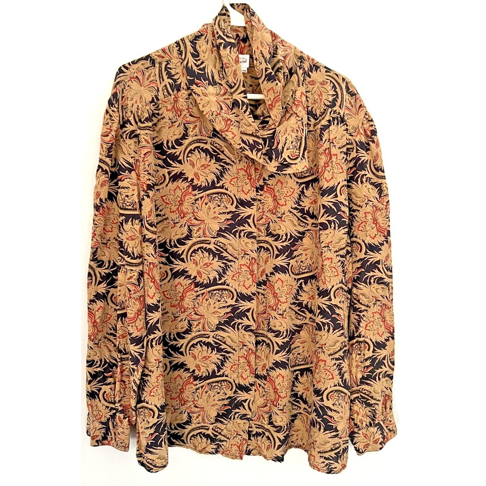 Brownstone Woman Shirt Womens 24W Black Gold Paisley Silk Cowl Neck Long Sleeve